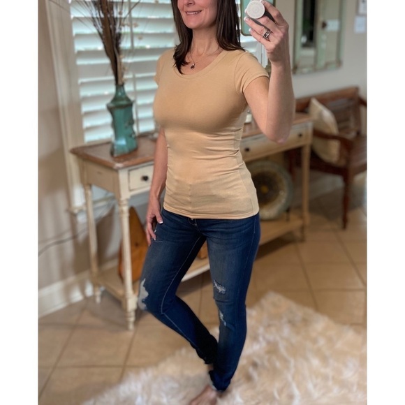 Basic Crew Neck Short Sleeve Slimming Fitted Baby Tee Khaki 0060 - Picture 4 of 5